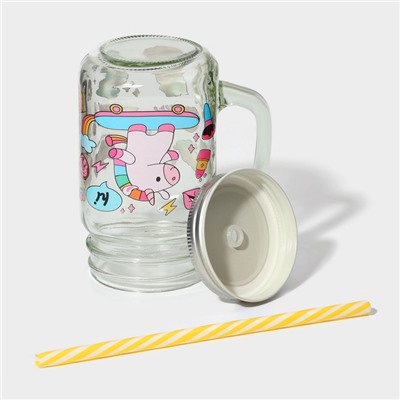 Кружка Доляна «Единорог», 450 мл, 10×7.5×13 см, стекло, с крышкой и трубочкой