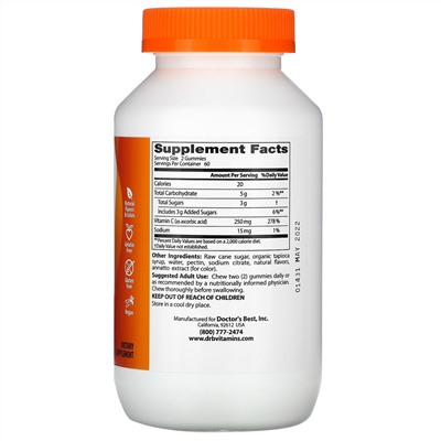 Doctor's Best, жевательные таблетки с витамином C, с апельсиновым вкусом, 250 мг, 120 жевательных таблеток