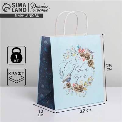 Пакет подарочный новогодний крафтовый «Морозное утро», 22×25×12 см