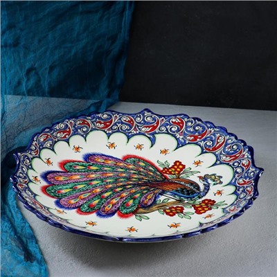 Ляган узбекский Риштанская Керамика «Жар птица», d=42 см, рифлёный, синий