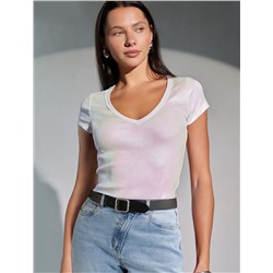 Футболка облегающая из хлопка в рубчик с V вырезом и матовым покрытием металлик