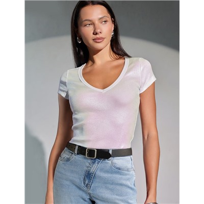 Футболка облегающая из хлопка в рубчик с V вырезом и матовым покрытием металлик