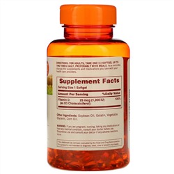 Sundown Naturals, Витамин D3, 25 мкг (1000 МЕ), 400 мягких таблеток