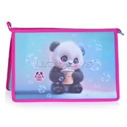 Папка для тетрадей "Yummy Panda" A4 (330x230x100 мм) с текстильным расширением 100 мм, на молнии сверху, 400 мкм, матовая полупрозрачная с рисунком, с искрящейся фактурой, индивидуальная упаковка