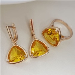 Комплект серьги и кольцо с камнем желтого цвета, покрытие позолота, коллекция Дубайское золото, арт.215.654-18