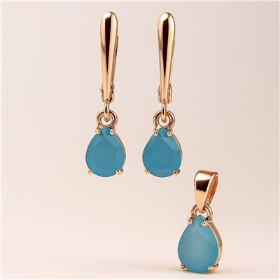 Комплект ювелирной бижутерии коллекция "Дубай" серьги и кулон, покрытие позолота, вставка: фианиты, цвет: голубой матовый, арт.314.972