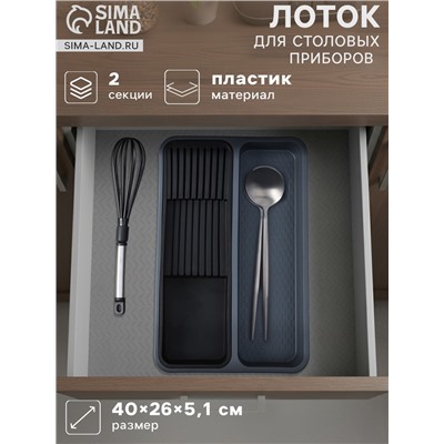 Лоток для столовых приборов и ножей FOLYlife, 40×26×5.1 см, 2 отделения, пластик, серый, чёрный