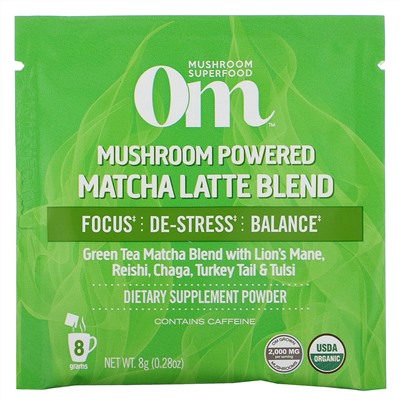 Om Mushrooms, Mushroom Powered Matcha Latte Blend, 10 Packets, 0.28 oz (8 g) Each
