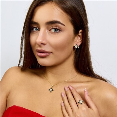 Комплект ювелирной бижутерии Итальянское золото (покрытие желтое 14к) серьги, кулон и кольцо 17 р, вставка: эмаль и  цирконы, цвет: черный и прозрачный, арт.217.381-17