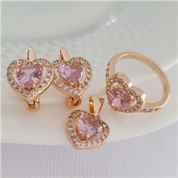 Комплект в форме сердца ювелирная бижутерия коллекция  "Дубай" серьги, кулон и кольцо 18 р, покрытие: позолота, вставка: фианиты, цвет: прозрачный и розовый, арт.213.770-18