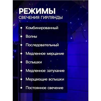 Гирлянда «Бахрома» 4×0.6 м, IP44, тёмная нить, 180 LED, свечение синее, 8 режимов, 220 В