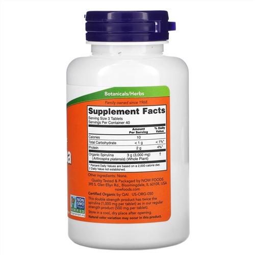 Now Foods, сертифицированная органическая спирулина,1000 мг, 120 таблеток