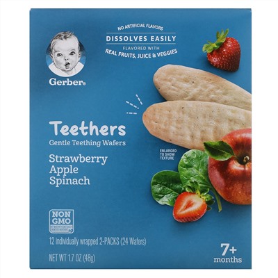 Gerber, прорезыватели, вафли для мягкого прорезывания зубов, для малышей от 7 месяцев, клубника, яблоко и шпинат, 12 пакетиков, по 2 вафли в каждом