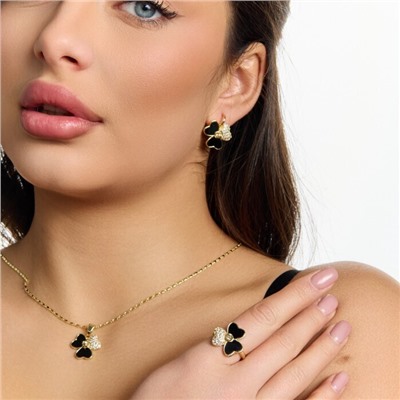 Комплект ювелирной бижутерии Итальянское золото (покрытие желтое 14к), серьги, кулон и кольцо 20 р, вставка: пластик и цирконы, цвет: черный и прозрачный, арт.217.522-20