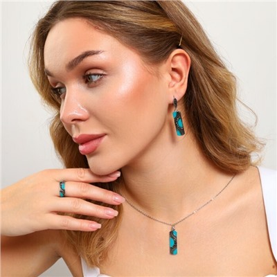 Крупный комплект ювелирной бижутерии серьги, кулон и кольцо 18 р, покрытие: посеребрение, вставка: фианиты и цветная эмаль, цвет: бирюзовый, арт.213.911-18