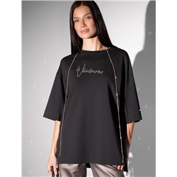 Футболка оверсайз с принтом стразами из премиального хлопка с эластаном