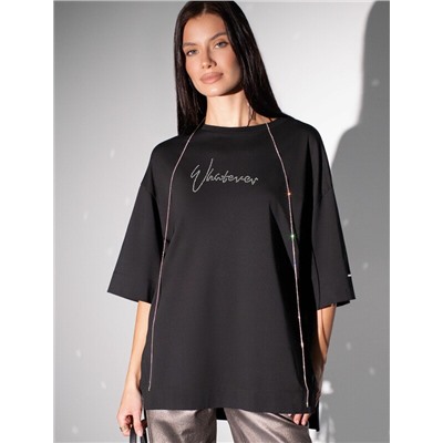 Футболка оверсайз с принтом стразами из премиального хлопка с эластаном