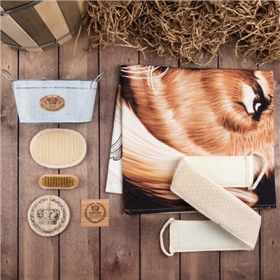 Набор подарочный «Этель. Король бани», 5 предметов, полотенце, мочалка, щёточка