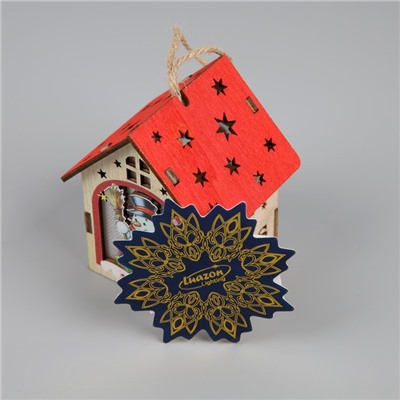 Ёлочная игрушка «Домик со снеговиком», 8×7×6 см, 1 LED, от батареек, свечение тёплое белое