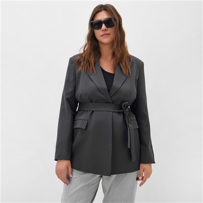 Пиджак женский с поясом MIST plus-size, размер 60, серый
