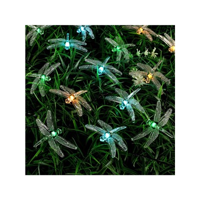 Гирлянда «Нить», 4.5 м, уличная, с насадками «Стрекоза», IP44, 30 LED, 2 режима, солнечная батарея, тёмная нить, свечение зелёное/аквамарин/жёлтое