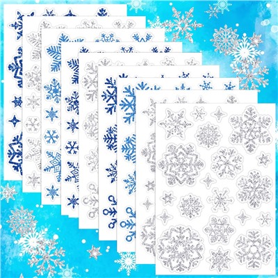 Наклейки СНЕЖИНКИ блестящие с глиттером Универсальные для творчества, Набор 9 листов 14*20 см. 3 цвета