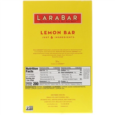 Larabar, The Original Fruit & Nut Food Bar, Lemon Bar, 16 Bars, 1.6 oz (45 g) Each