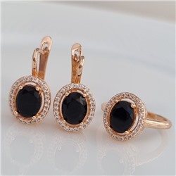 Комплект ювелирная бижутерия коллекция  "Дубай" серьги и кольцо 17 р, покрытие: позолота, вставка: фианиты, цвет: прозрачный и черный, арт.213.782-17