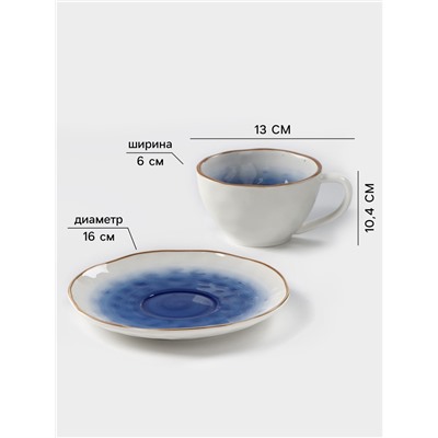 Чайная пара Доляна «Космос», чашка 250 мл, блюдце d=16 см, фарфор, белая, синяя