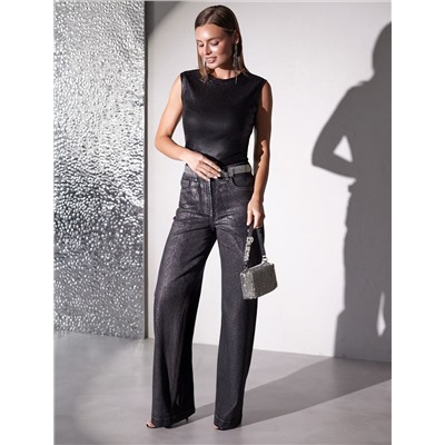 Топ с закрытым декольте из хлопка с эластаном в рубчик с матовым покрытием металлик