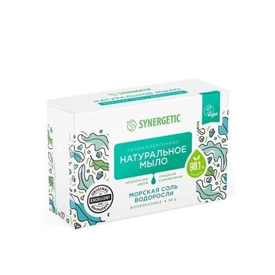 Натуральное туалетное мыло Synergetic «Морская соль и водоросли», гипоаллергенное, 90 г