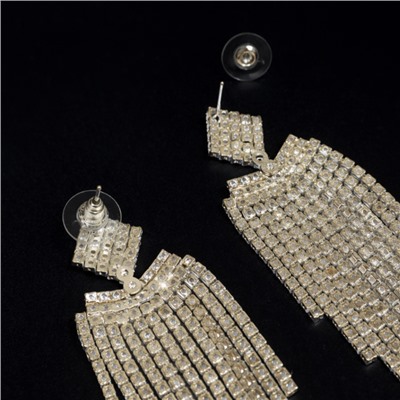 Серьги длинные висячие со стразами "Вечерние", цвет: серебристый и прозрачный, арт.012.058