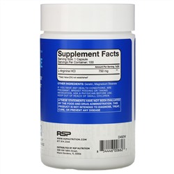 RSP Nutrition, L-аргинин, прекурсор оксида азота, 750 мг, 100 капсул