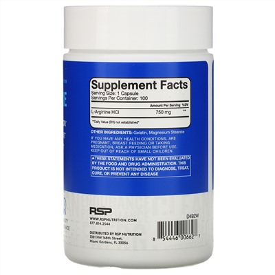 RSP Nutrition, L-аргинин, прекурсор оксида азота, 750 мг, 100 капсул