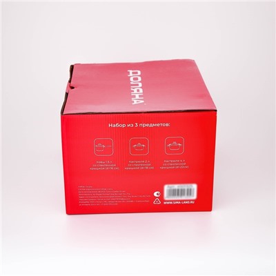 Набор посуды Доляна «Сильве», 3 предмета: сотейник 1.5 л, d=16 см, кастрюли 2 л, 4 л, d=18 см, d=22 см, крышки, индукция, нержавеющая сталь