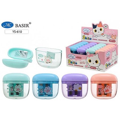 Точилка пластиковая двойная с контейнером, с откидной крышкой "Лапки" 4цв. 5,5х5 см YS-610 Basir