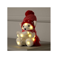Светодиодная фигура «Медвежонок в шапке» 10×18×10 см, флок, батарейки CR2032×2 (не в комплекте), свечение тёплое белое