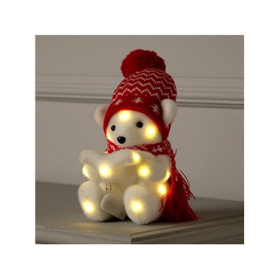 Светодиодная фигура «Медвежонок в шапке» 10×18×10 см, флок, батарейки CR2032×2 (не в комплекте), свечение тёплое белое