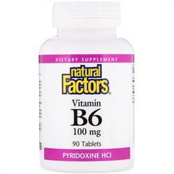 Natural Factors, витамин В6, пиридоксина гидрохлорид, 100 мг, 90 таблеток