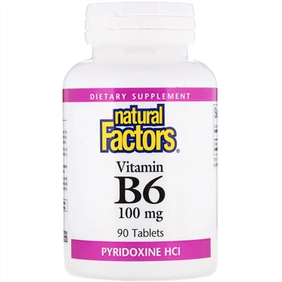 Natural Factors, витамин В6, пиридоксина гидрохлорид, 100 мг, 90 таблеток