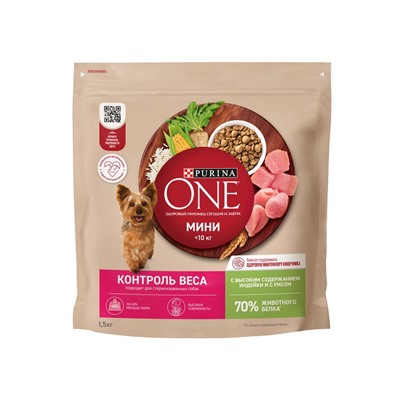 Сухой корм Purina One mini «Здоровый вес» для мелких пород, индейка/рис, 1.5 кг