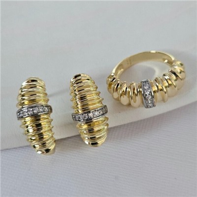 Комплект ювелирной бижутерии Итальянское золото (покрытие желтое 14к), серьги и кольцо 20 р, вставка: фианиты, цвет: прозрачный, арт.216.434-20