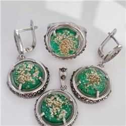 Крупный комплект ювелирной бижутерии серьги, кулон и кольцо 18 р, покрытие: посеребрение, вставка: фианиты, искусственный камень, сухоцветы, цвет: графитовый и зеленый, арт.213.875-18
