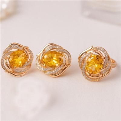 Комплект ювелирной бижутерии коллекция "Дубай" серьги и кольцо 18 р, покрытие позолота, вставка: фианиты, цвет: желтый и прозрачный, арт.215.397-18