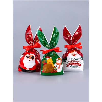 Пакет подарочный новогодний, полиэтиленовый с ушками «Дед Мороз в очках», МИКС, 13×23 см