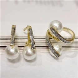 Комплект ювелирной бижутерии Итальянское золото (покрытие желтое 14к), серьги и кольцо 19 р, вставка: искусственный жемчуг, арт.213.240-19