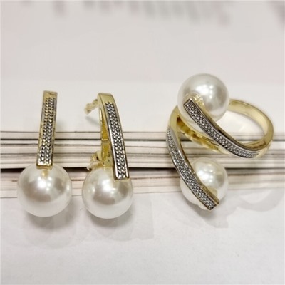 Комплект ювелирной бижутерии Итальянское золото (покрытие желтое 14к), серьги и кольцо 19 р, вставка: искусственный жемчуг, арт.213.240-19