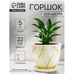 Горшок для цветов «Тропики », 5 л, d=22 см, h=19.5 см, с поддоном, керамика, белый
