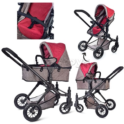 Коляска-трансформер для кукол, металлическая, с корзиной, цвет красно-серый