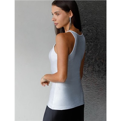 Топ с закрытым декольте из хлопка с эластаном в рубчик с матовым покрытием металлик